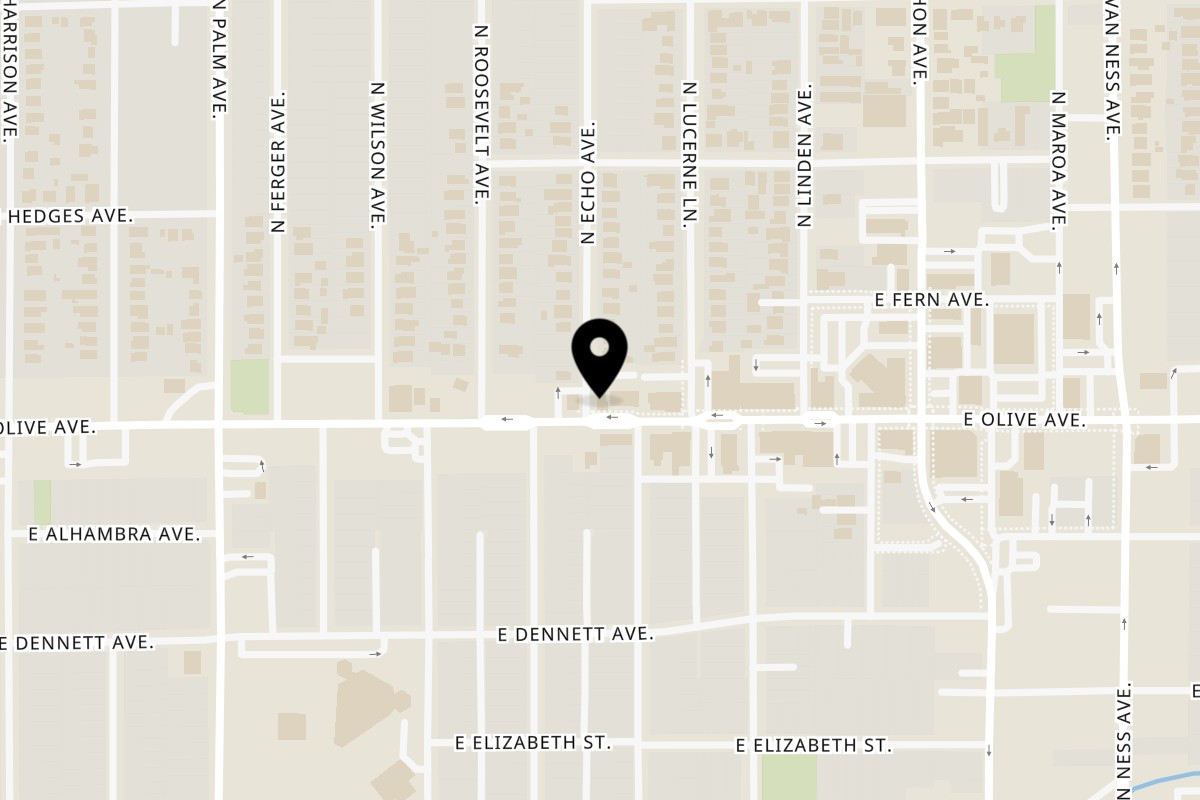 Map showing the location of Noodle Express on 601 E Olive Ave in Fresno